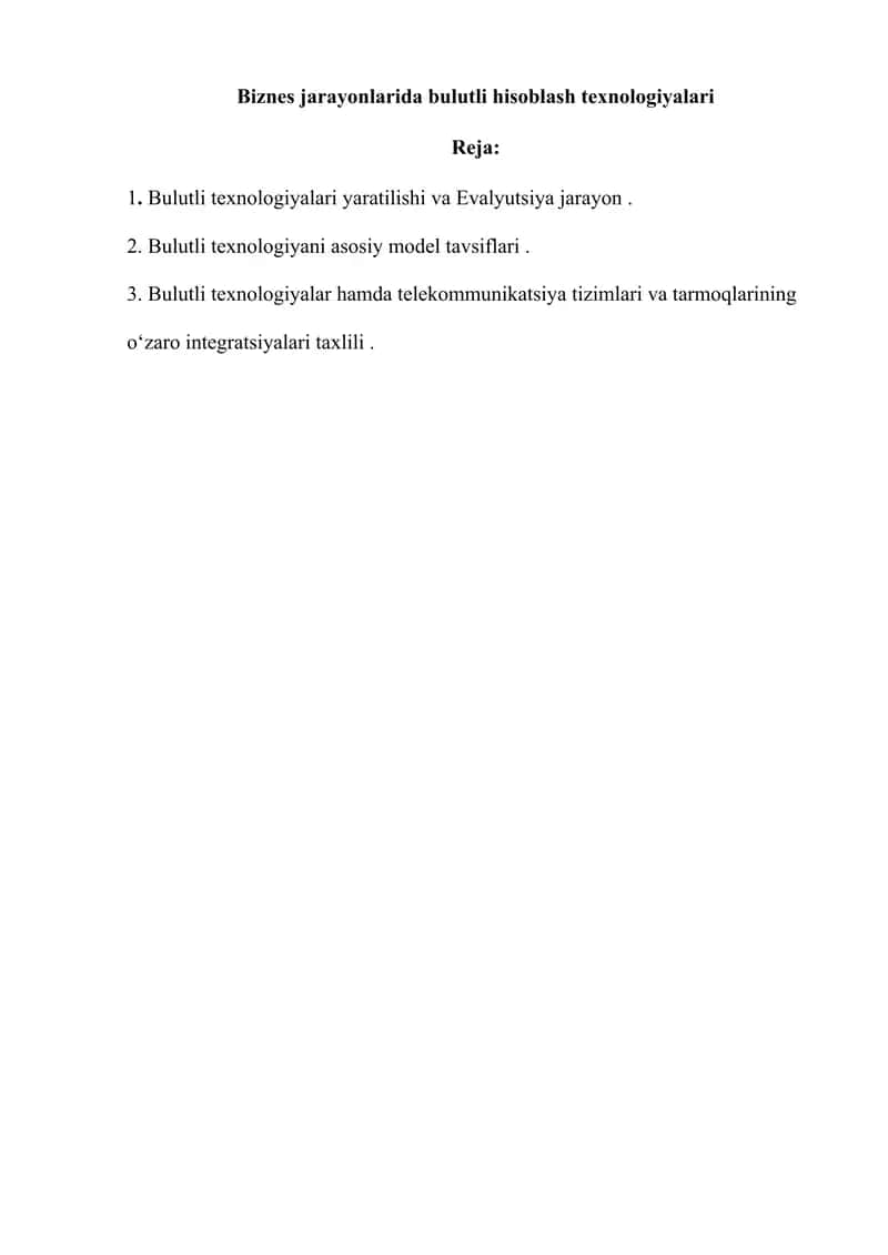 Biznes jarayonlarida bulutli hisoblash texnologiyalari