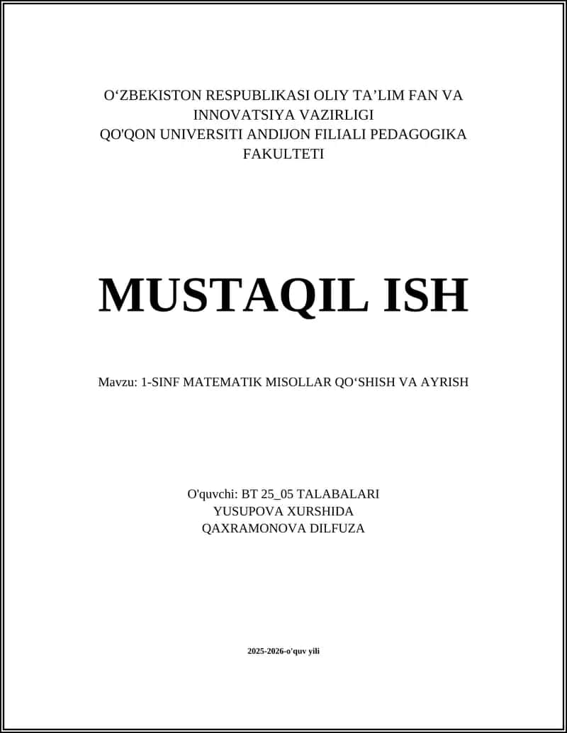 1-SINF MATEMATIK MISOLLAR QO‘SHISH VA AYRISH