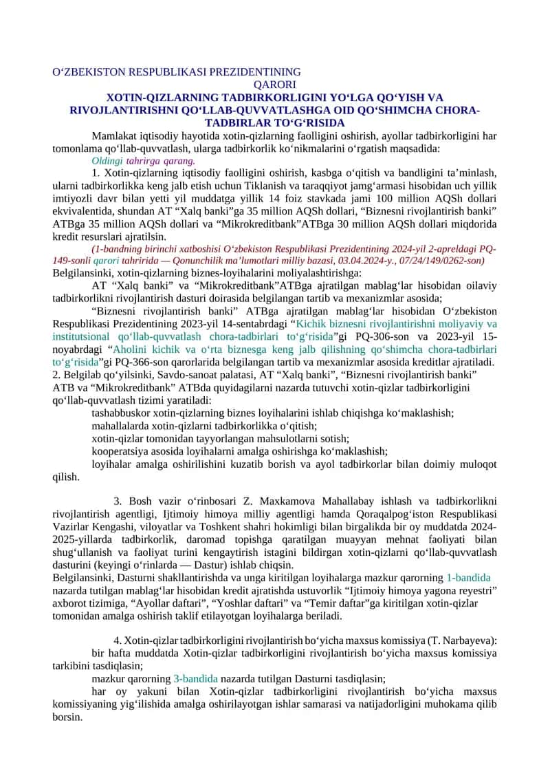 XOTIN-QIZLARNING TADBIRKORLIGINI YO‘LGA QO‘YISH VA RIVOJLANTIRISHNI QO‘LLAB-QUVVATLASHGA OID QO‘SHIMCHA CHORA-TADBIRLAR TO‘G‘RISIDA
