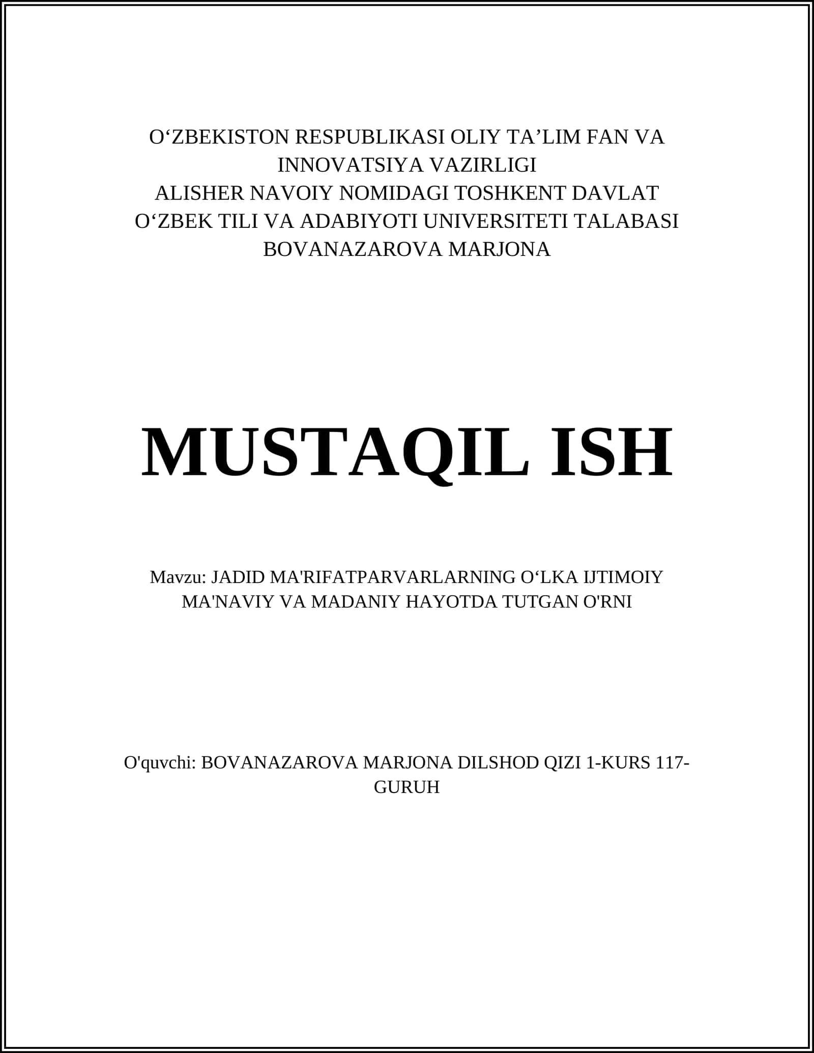 JADID MA'RIFATPARVARLARNING OʻLKA IJTIMOIY MA'NAVIY VA MADANIY HAYOTDA TUTGAN O'RNI