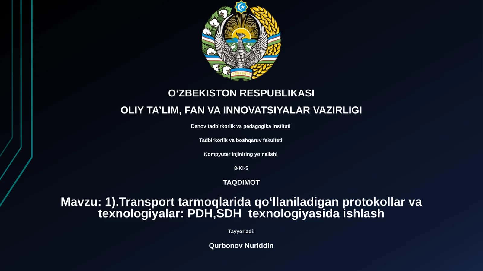 Transport tarmoqlarida qo‘llaniladigan protokollar va texnologiyalar: PDH,SDH texnologiyasida ishlash