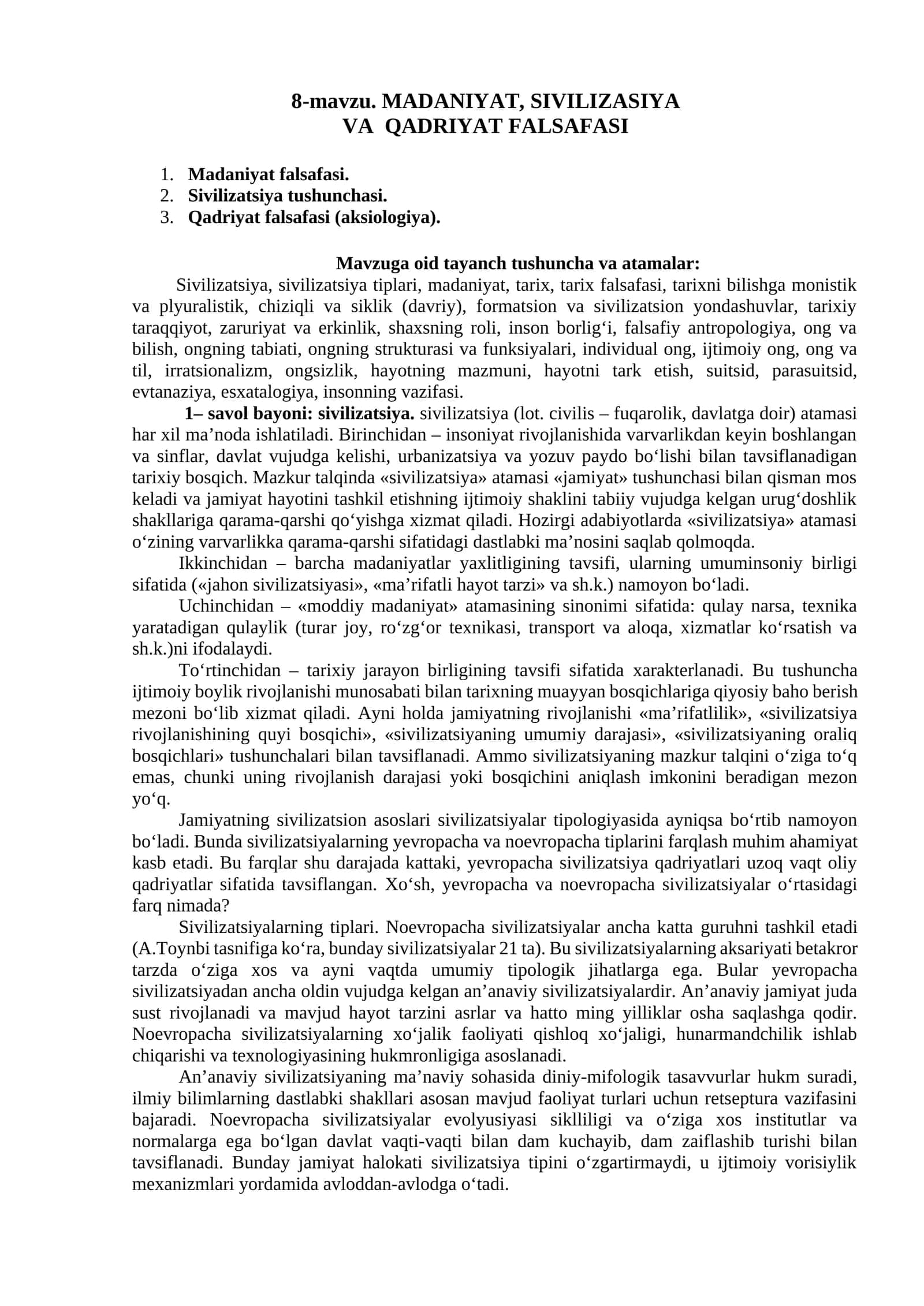 MADANIYAT, SIVILIZASIYA VA QADRIYAT FALSAFASI