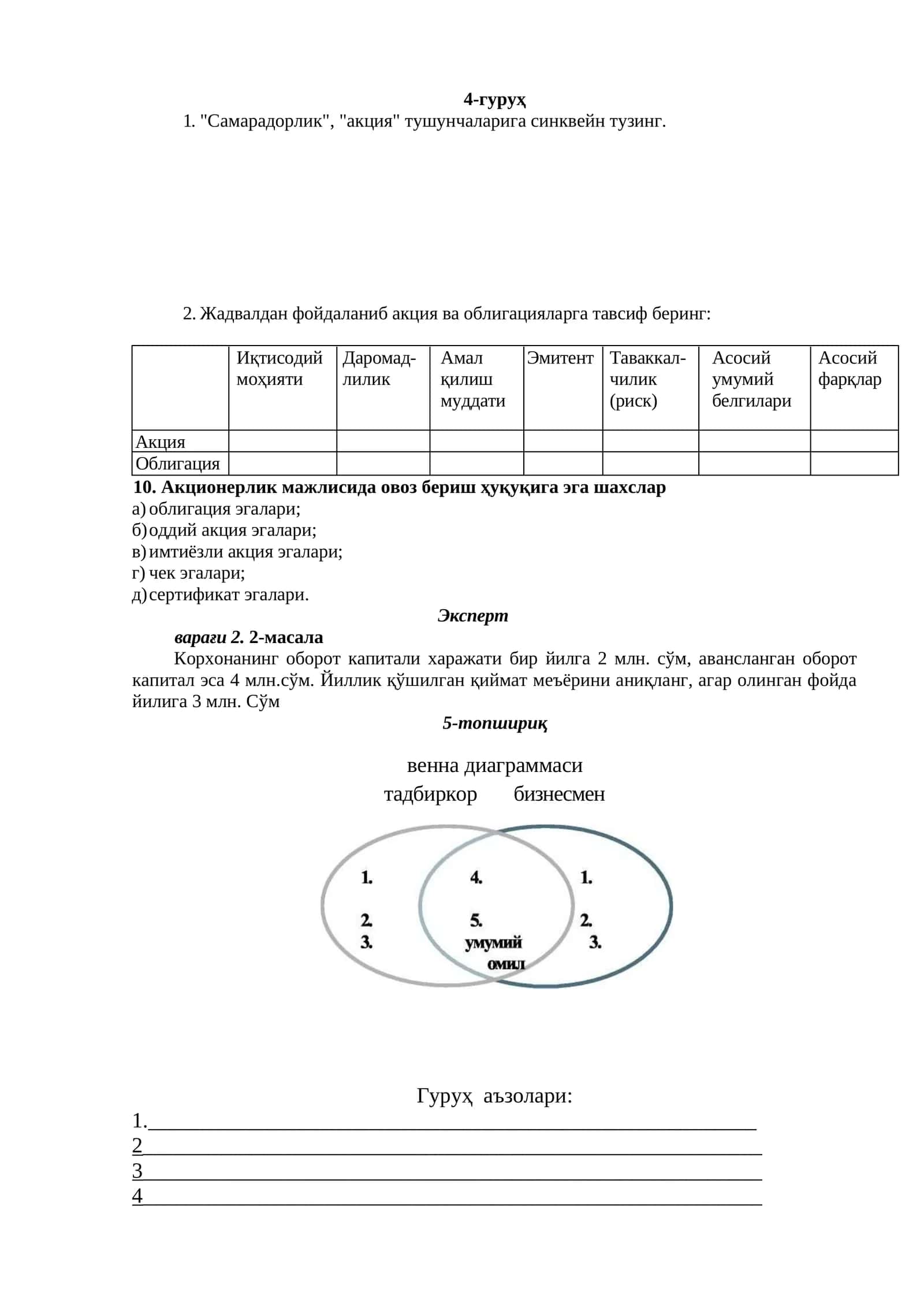 "Самарадорлик" ва "Акция" тушунчаларига синквейн тузиш