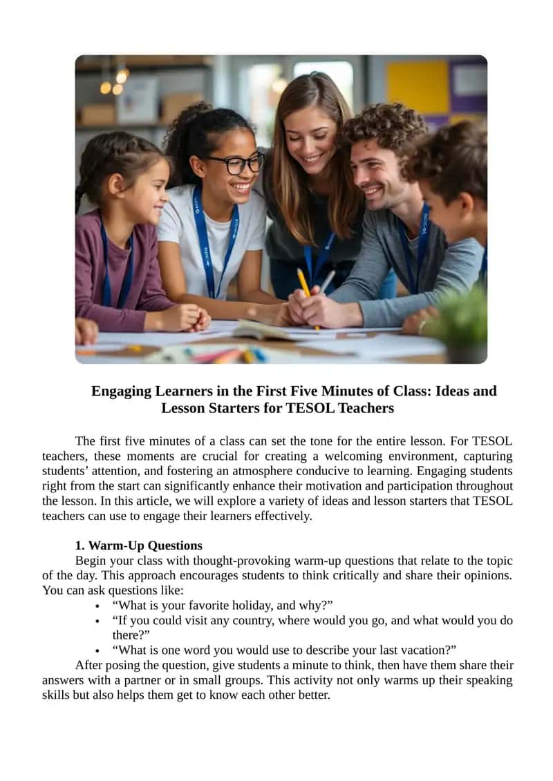 Engaging Learners in the First Five Minutes of Class: Ideas and Lesson Starters for TESOL Teachers