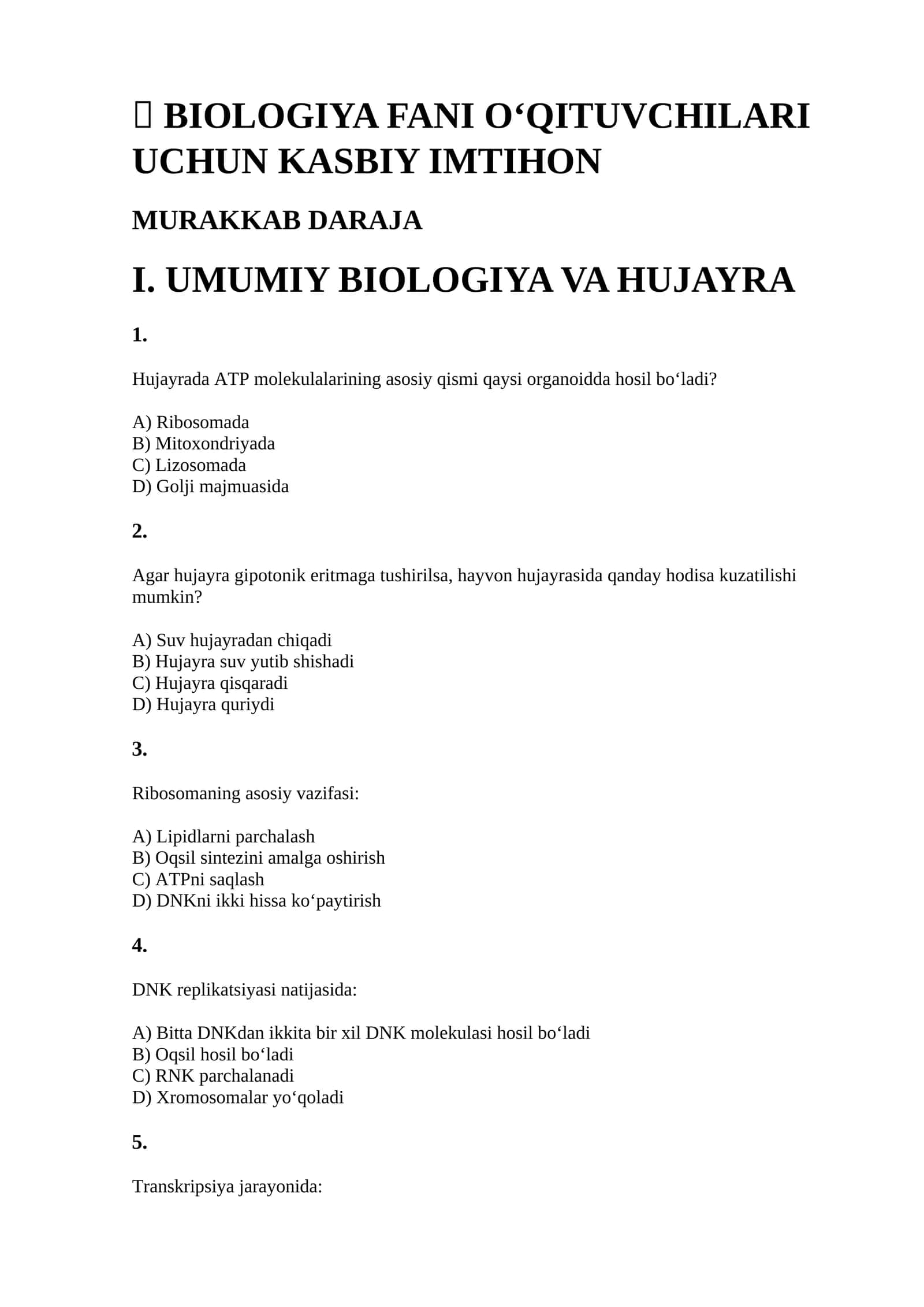 BIOLOGIYA FANI O'QITUVCHILARI UCHUN KASBIY IMTIHON