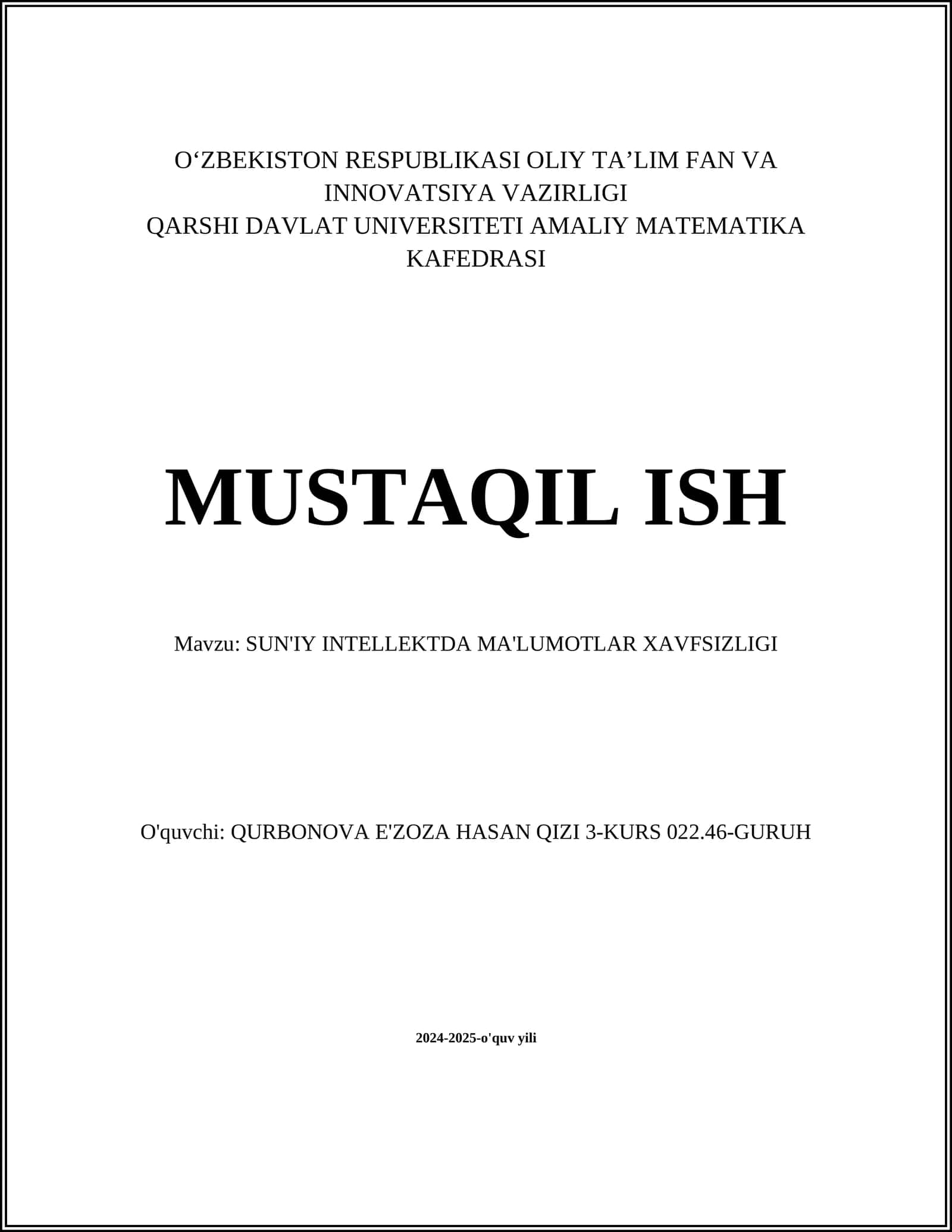 SUN'IY INTELLEKTDA MA'LUMOTLAR XAVFSIZLIGI