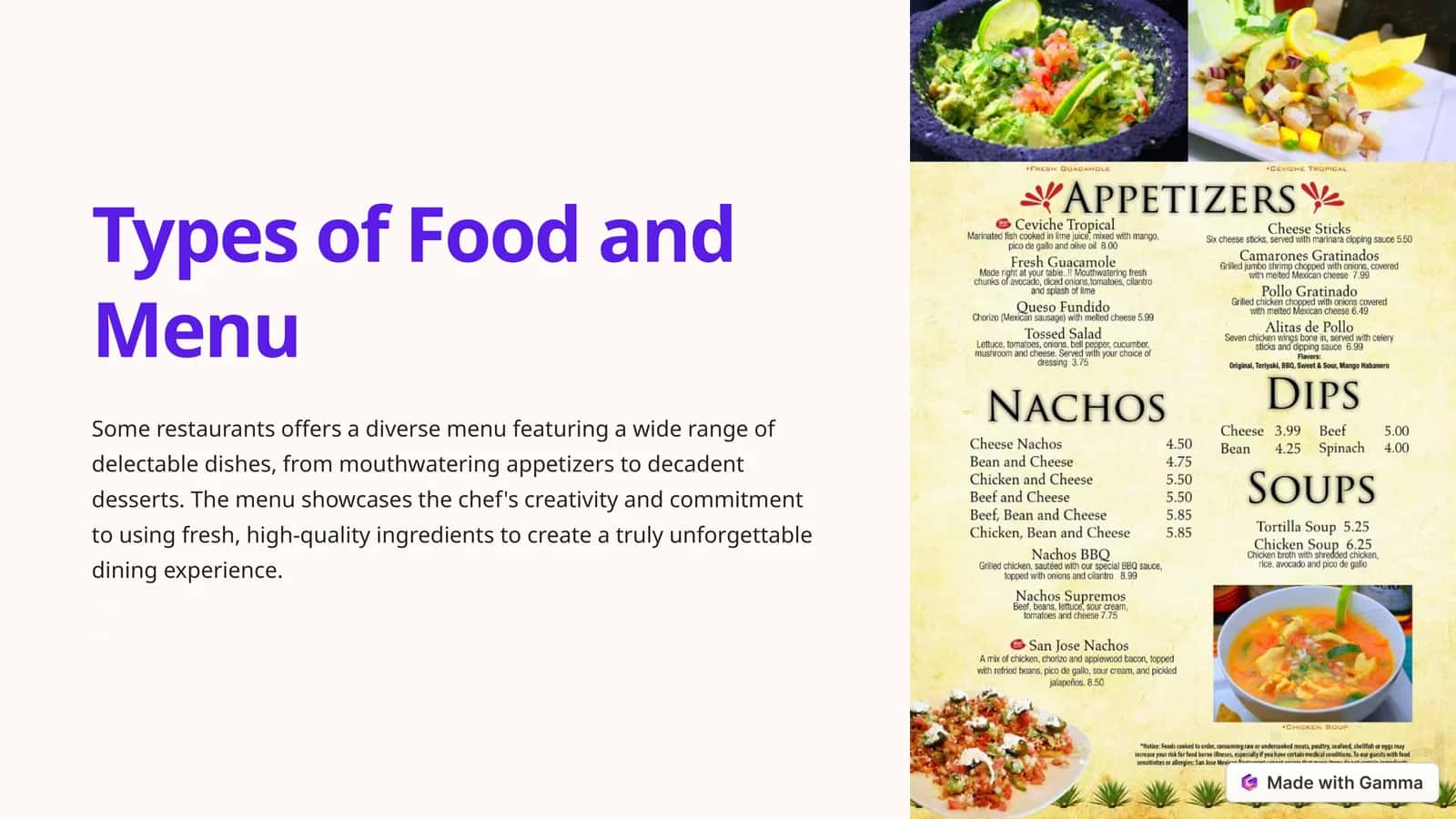 Types of Food and Menu