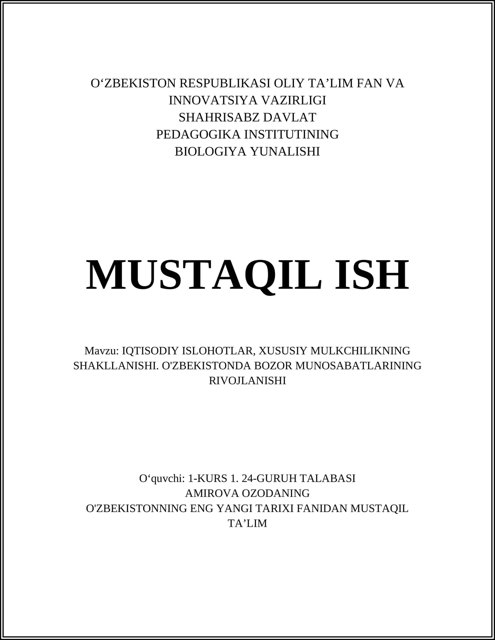 BIOLOGIYA YUNALISHI MUSTAQIL ISH