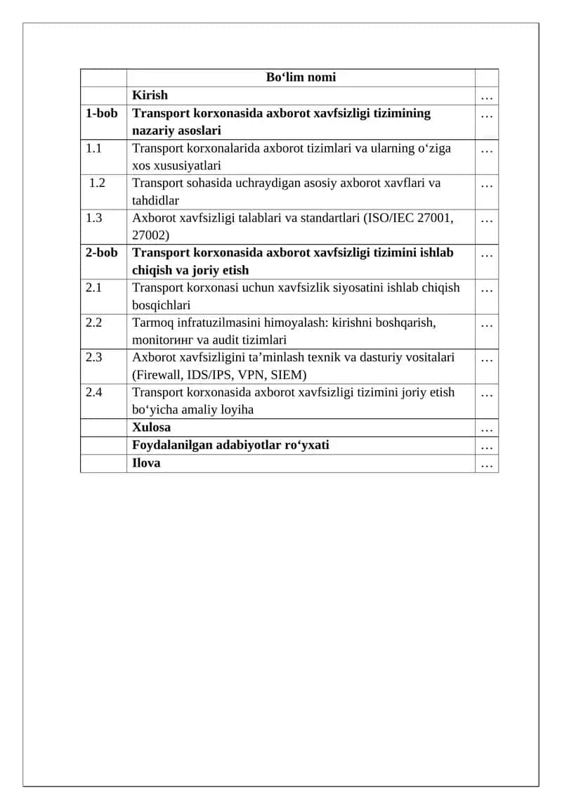 Transport korxonasida axborot xavfsizligi tizimini ishlab chiqish va joriy etish