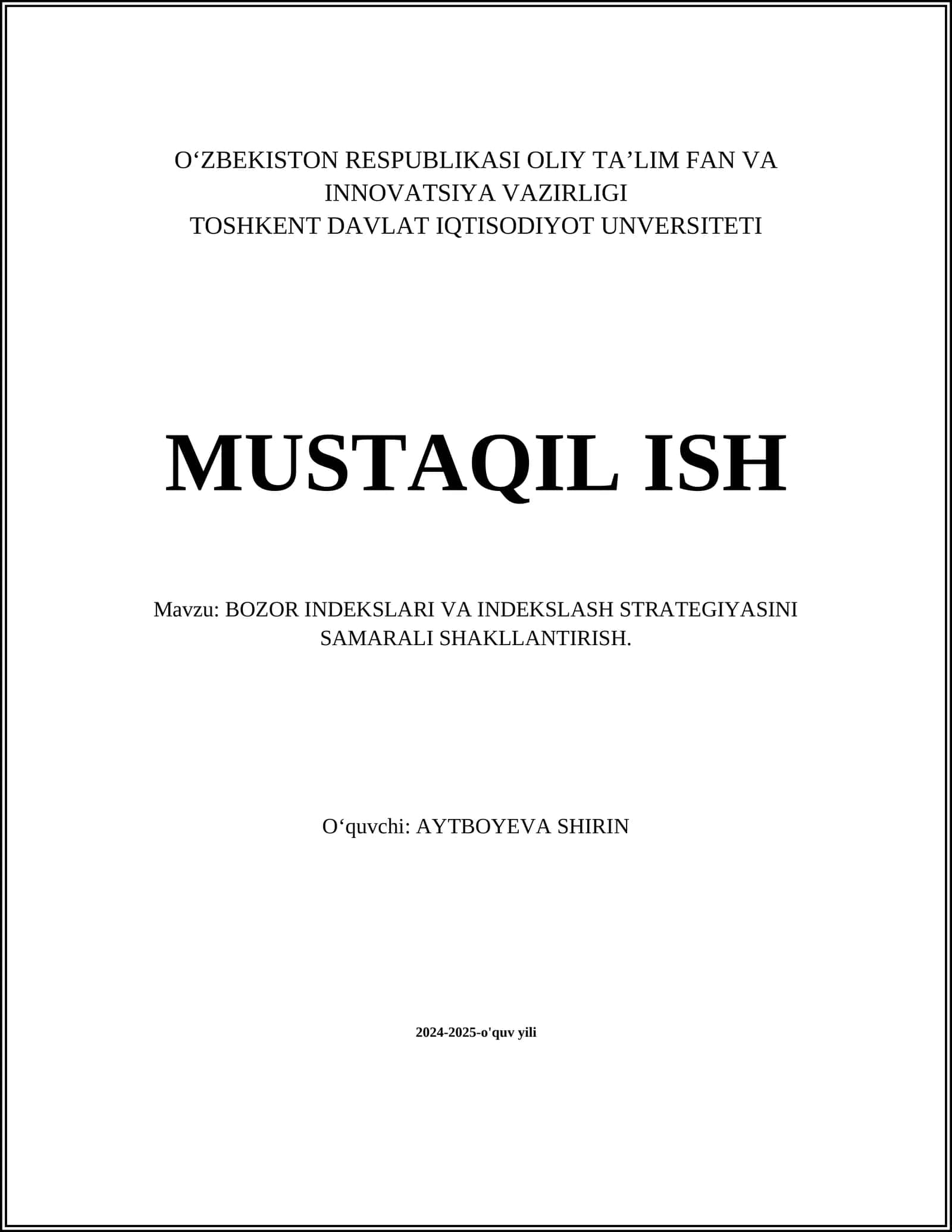BOZOR INDEKSLARI VA INDEKSLASH STRATEGIYASINI SAMARALI SHAKLLANTIRISH