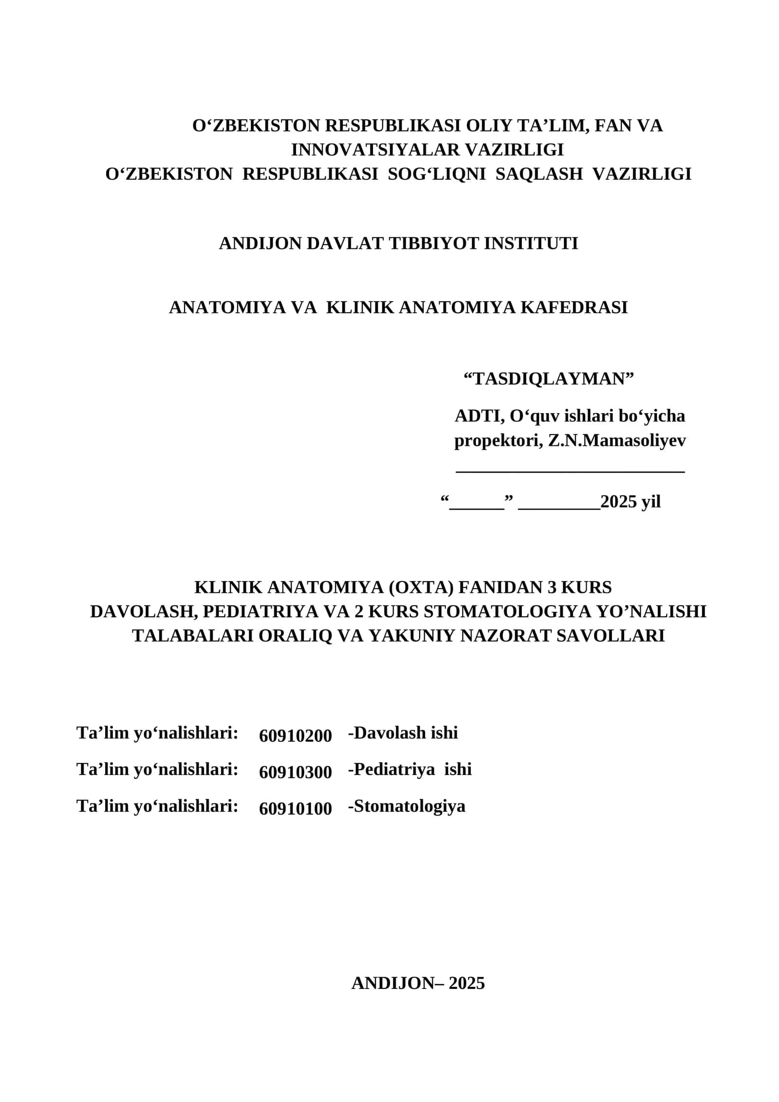 KLINIK ANATOMIYA (OXTA) FANIDAN 3 KURS