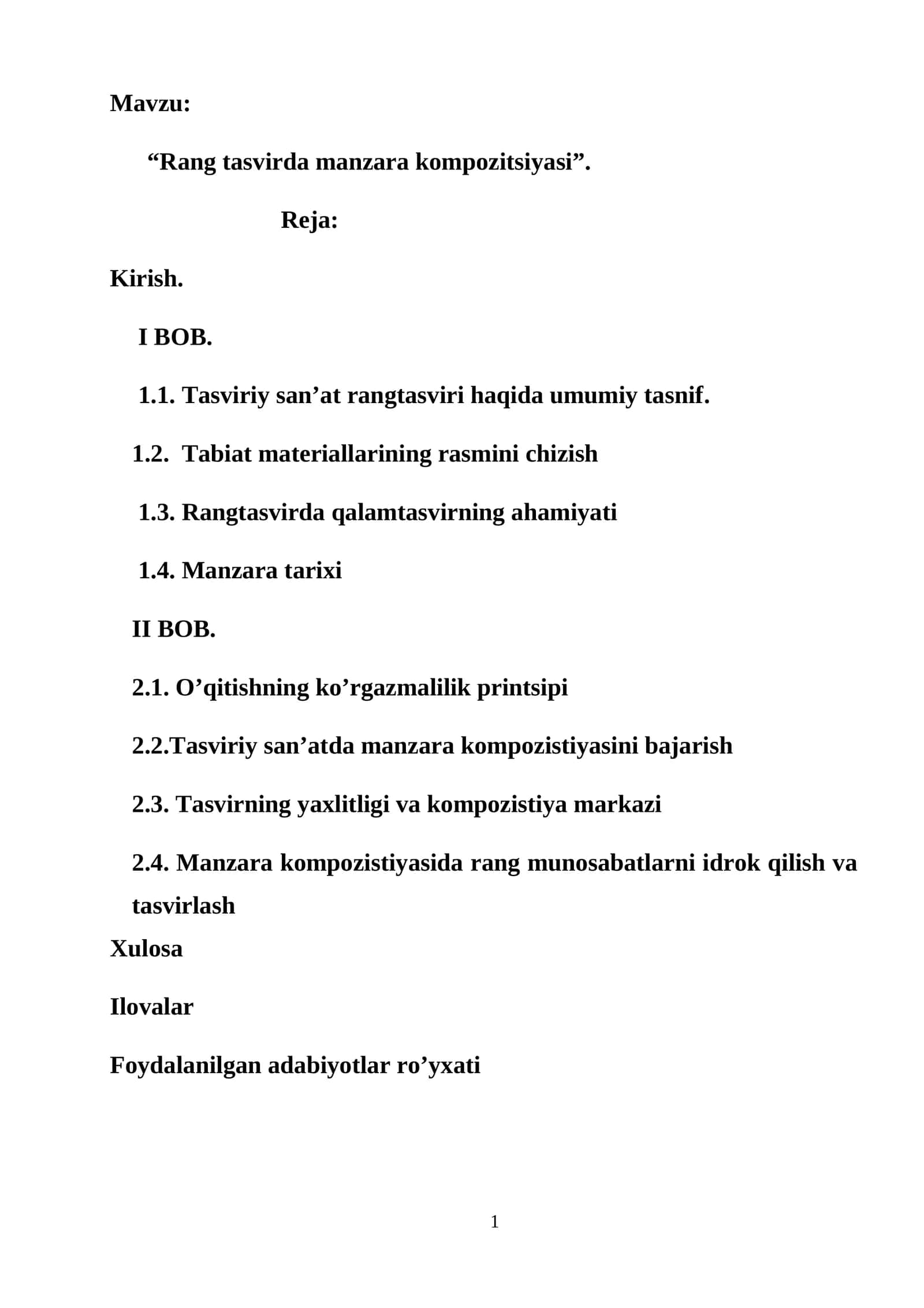 Rang tasvirda manzara kompozitsiyasi. Bitiruv malakaviy ishi. Kurs ishi