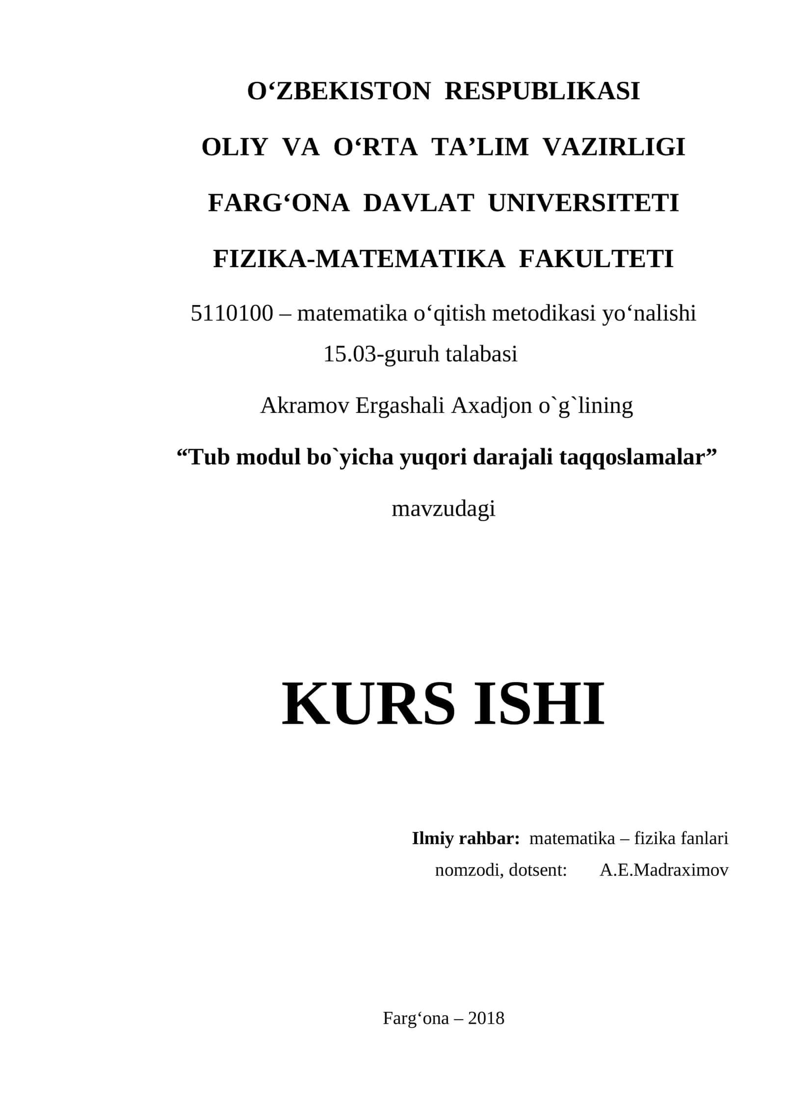 Tub modul bo`yicha yuqori darajali taqqoslamalar