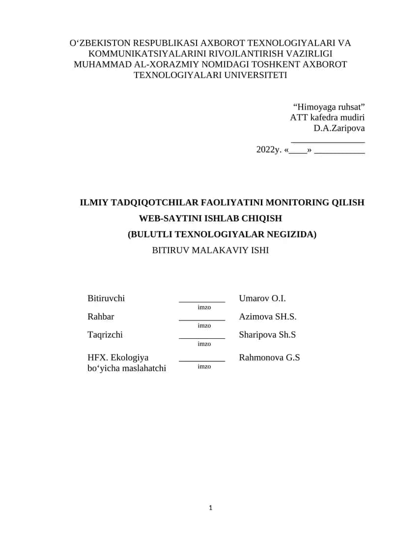 Ilmiy tadqiqotchilar faoliyatini monitoring qilish web-saytini ishlab chiqish (bulutli texnologiyalar negizida)