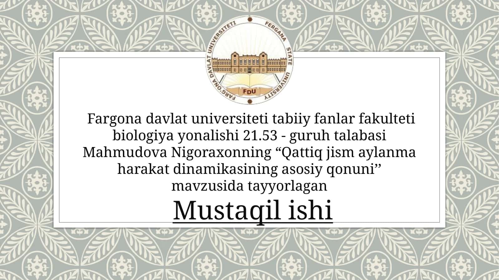 Qattiq jism aylana harakat dinamikasining asosiy qonuni