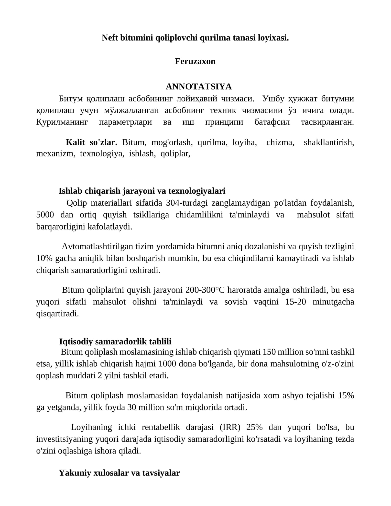 Neft bitumini qoliplovchi qurilma tanasi loyixasi