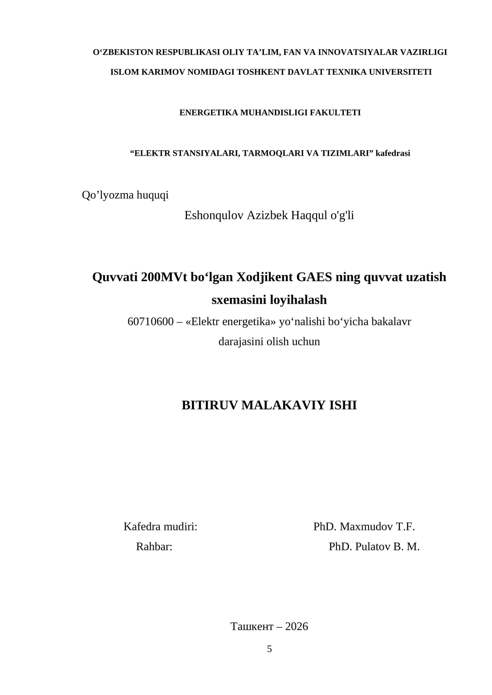 Quvvati 200MVt boʻlgan Xodjikent GAES ning quvvat uzatish sxemasini loyihalash