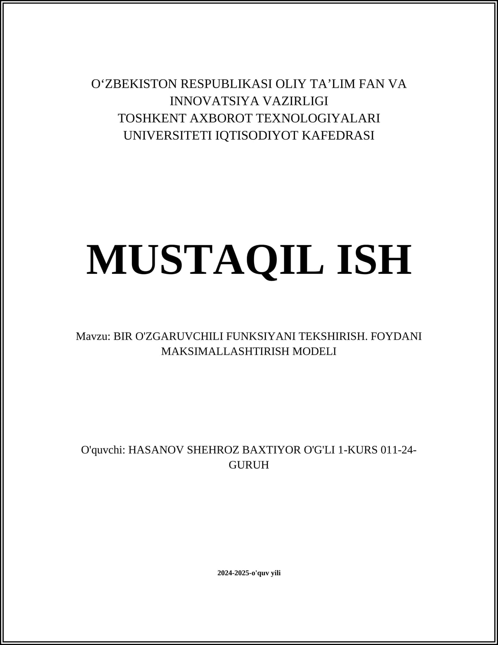 BIR O'ZGARUVCHILI FUNKSIYANI TEKSHIRISH. FOYDANI MAKSIMALLASHTIRISH MODELI
