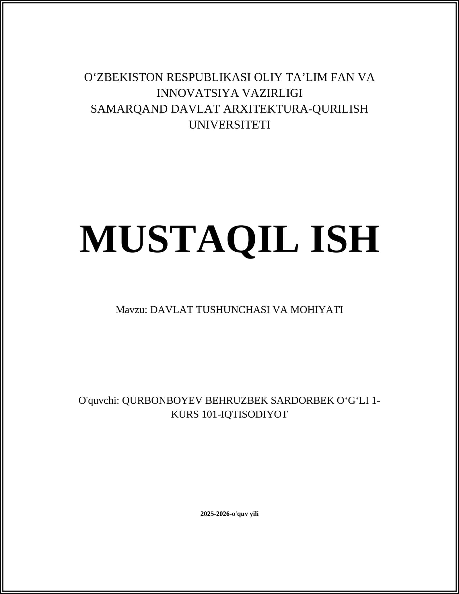 DAVLAT TUSHUNCHASI VA MOHIYATI