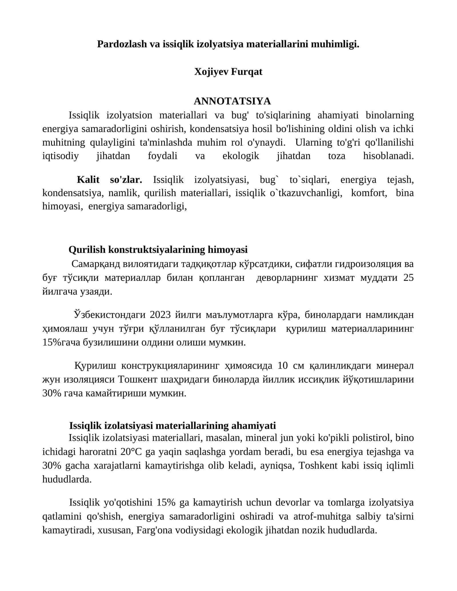 Issiqlik izolyatsiyasi va bug tosiqlari