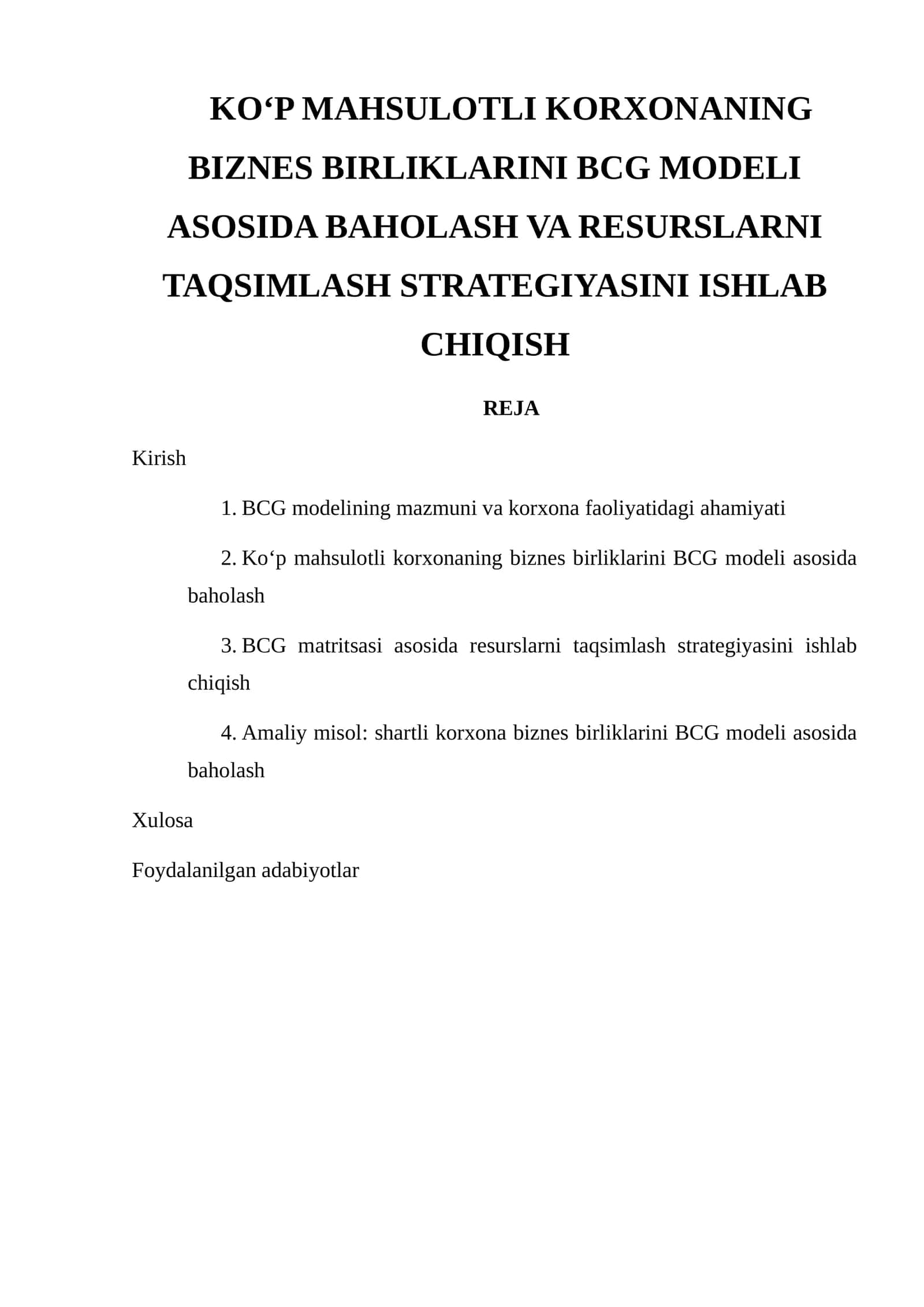 BCG MODELI ASOSIDA KORXONANI BAHOLASH