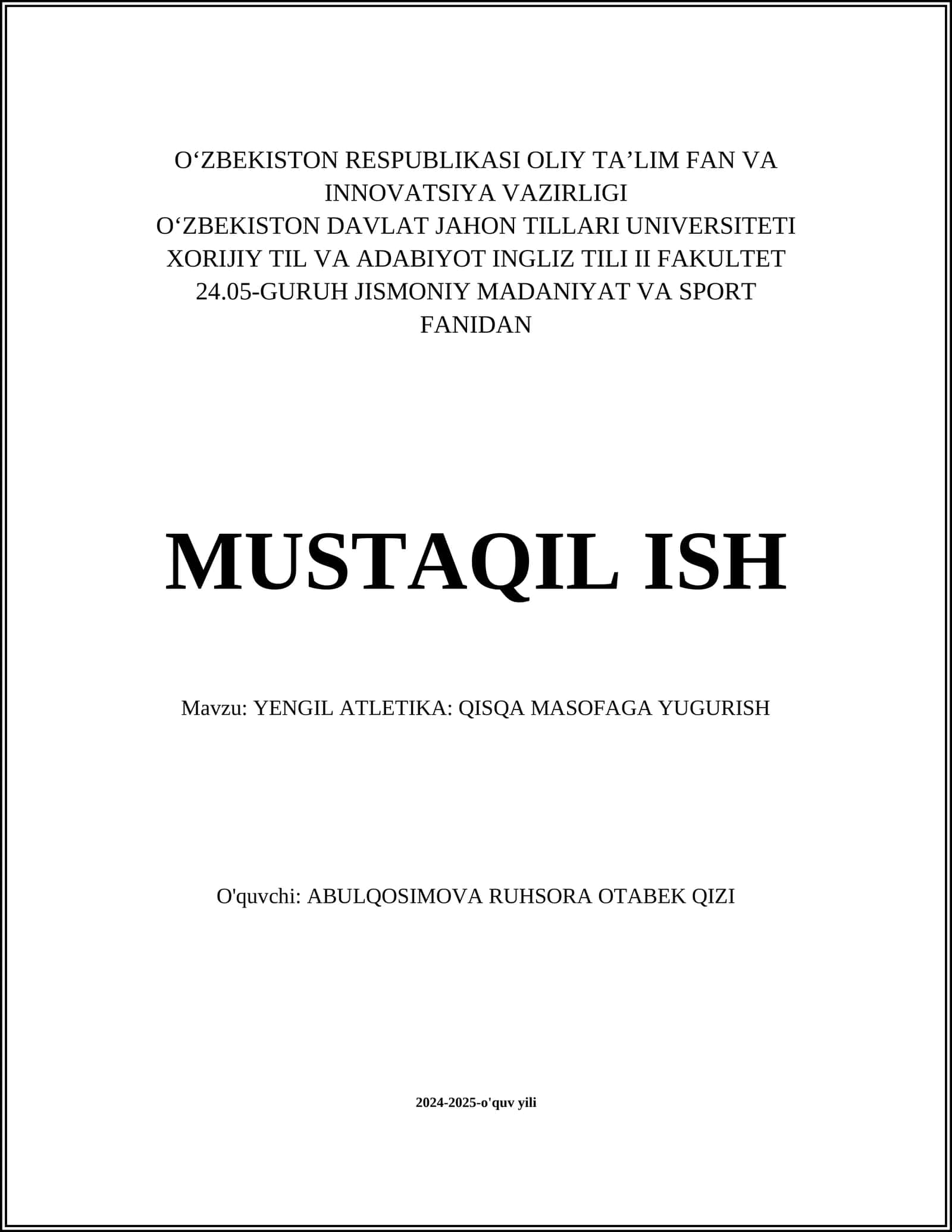 YENGIL ATLETIKA: QISQA MASOFAGA YUGURISH