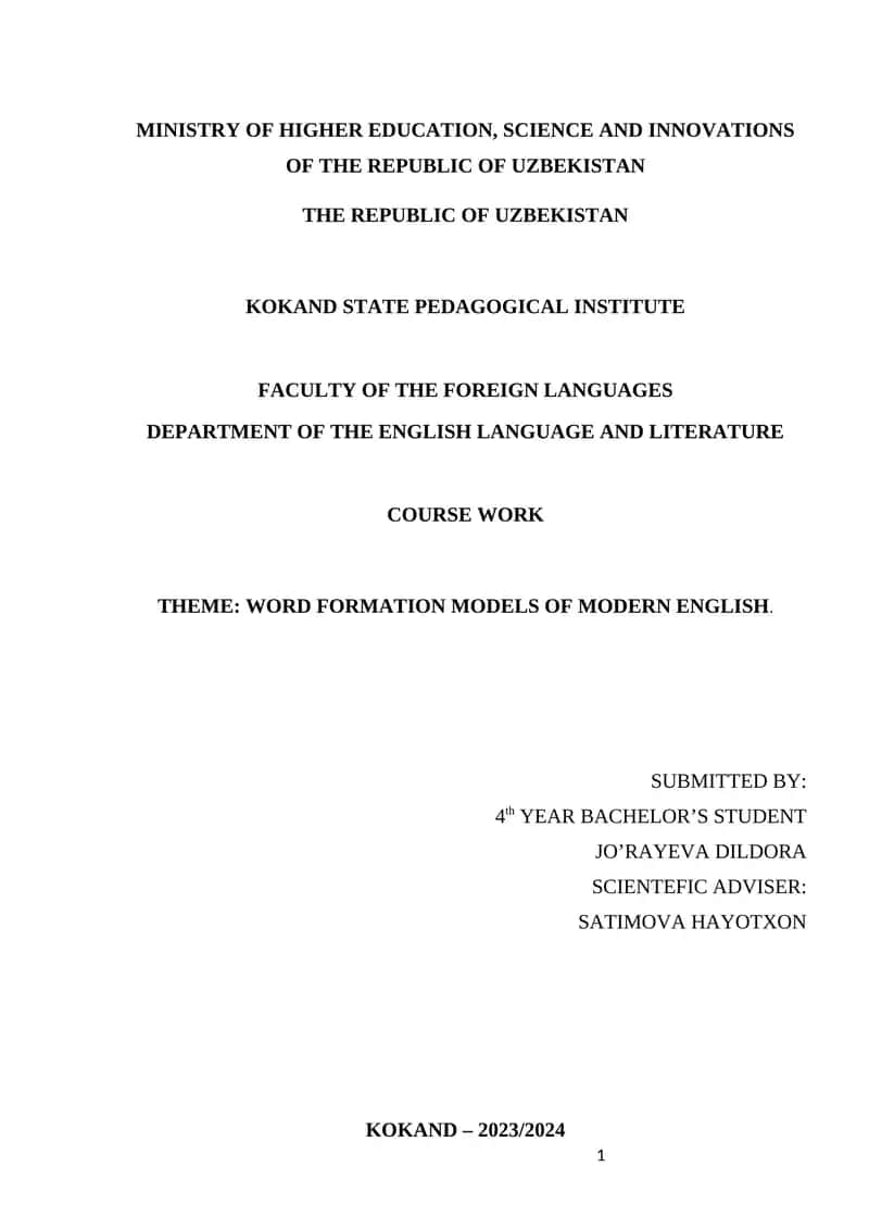 WORD FORMATION MODELS OF MODERN ENGLISH