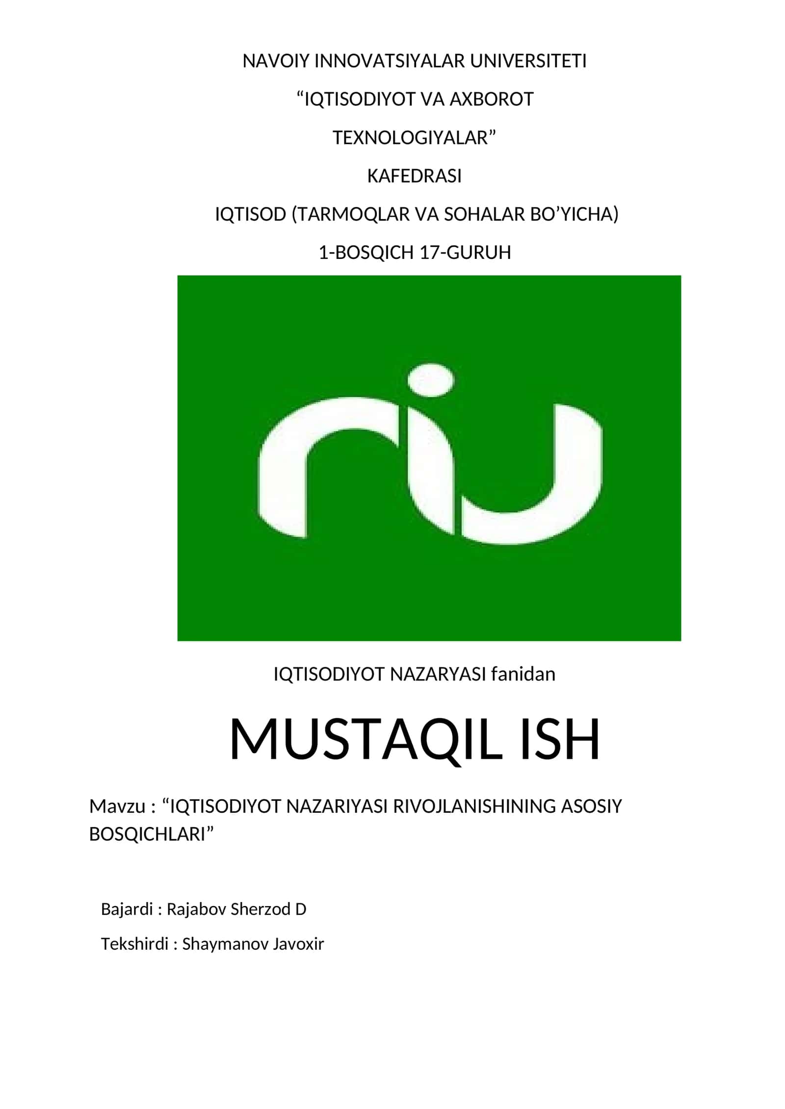 IQTISODIYOT NAZARIYASI RIVOJLANISHINING ASOSIY BOSQICHLARI