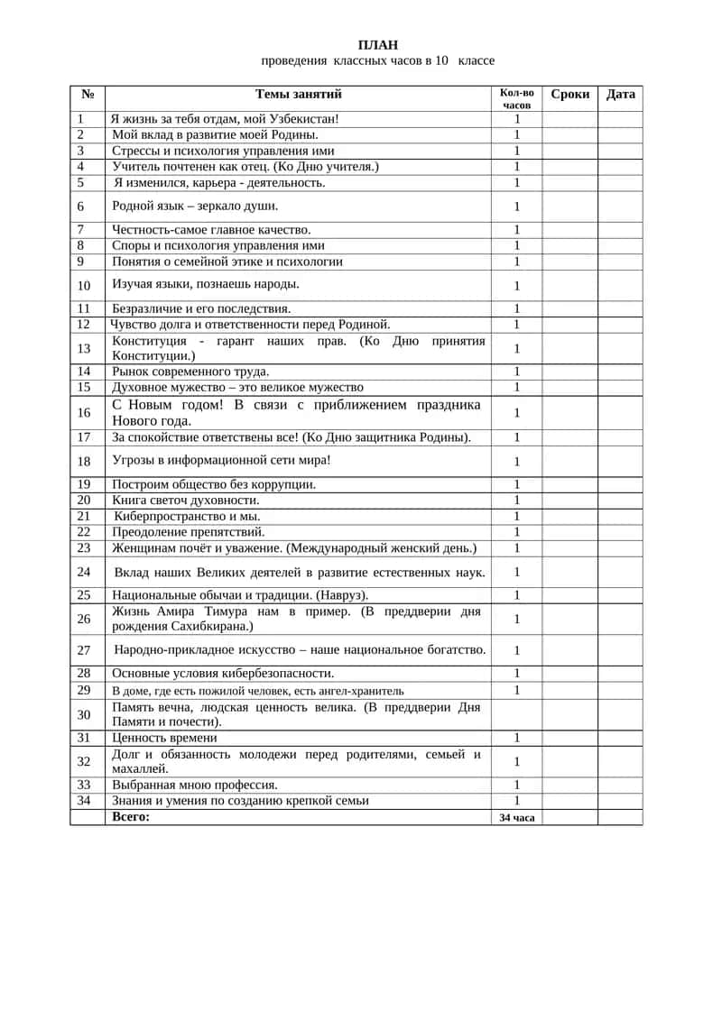 ПЛАН проведения классных часов в 10 классе