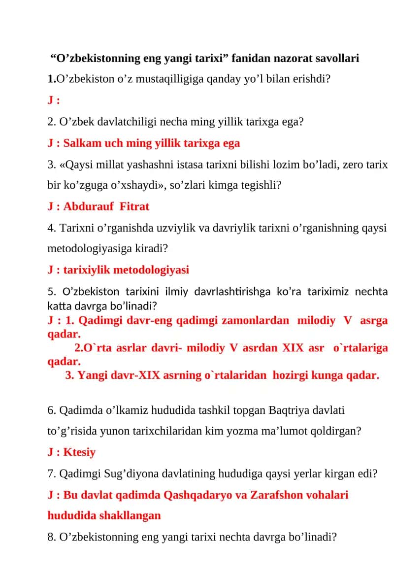 “O’zbekistonning eng yangi tarixi” fanidan nazorat savollari .