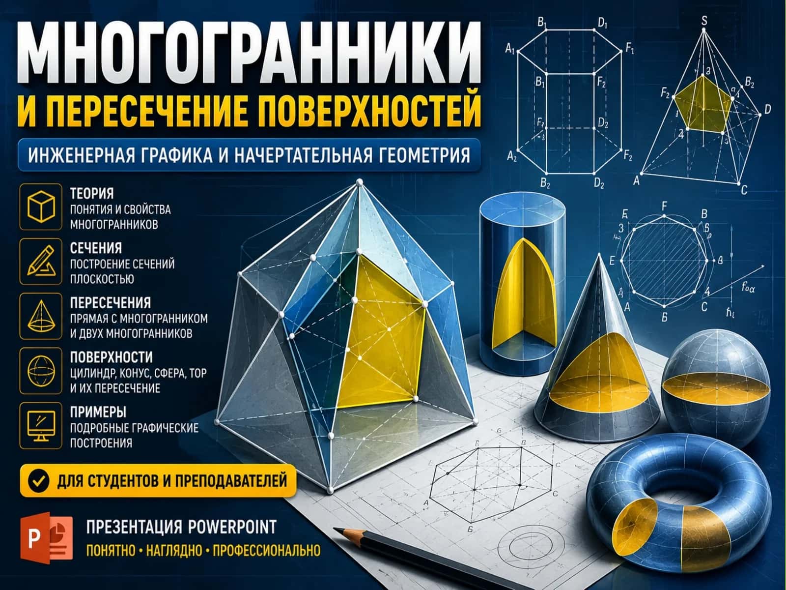 Многогранники и пересечение поверхностей | Инженерная графика и начертательная геометрия (PPTX)
