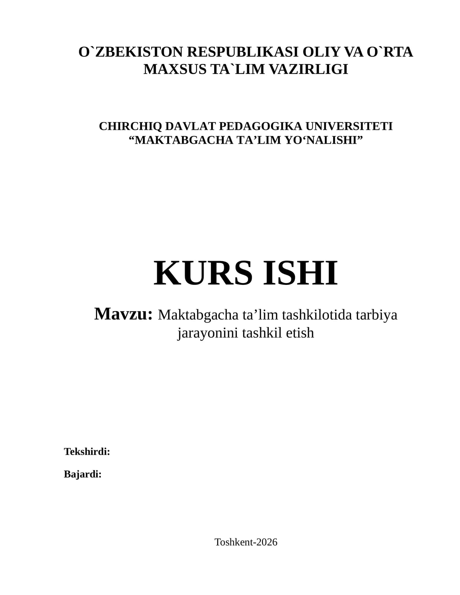 Maktabgacha taʼlim tashkilotida tarbiya jarayonini tashkil etish
