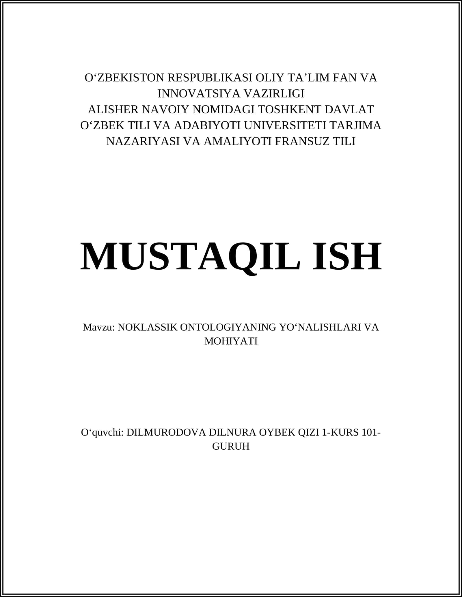 NOKLASSIK ONTOLOGIYANING YOʻNALISHLARI VA MOHIYATI