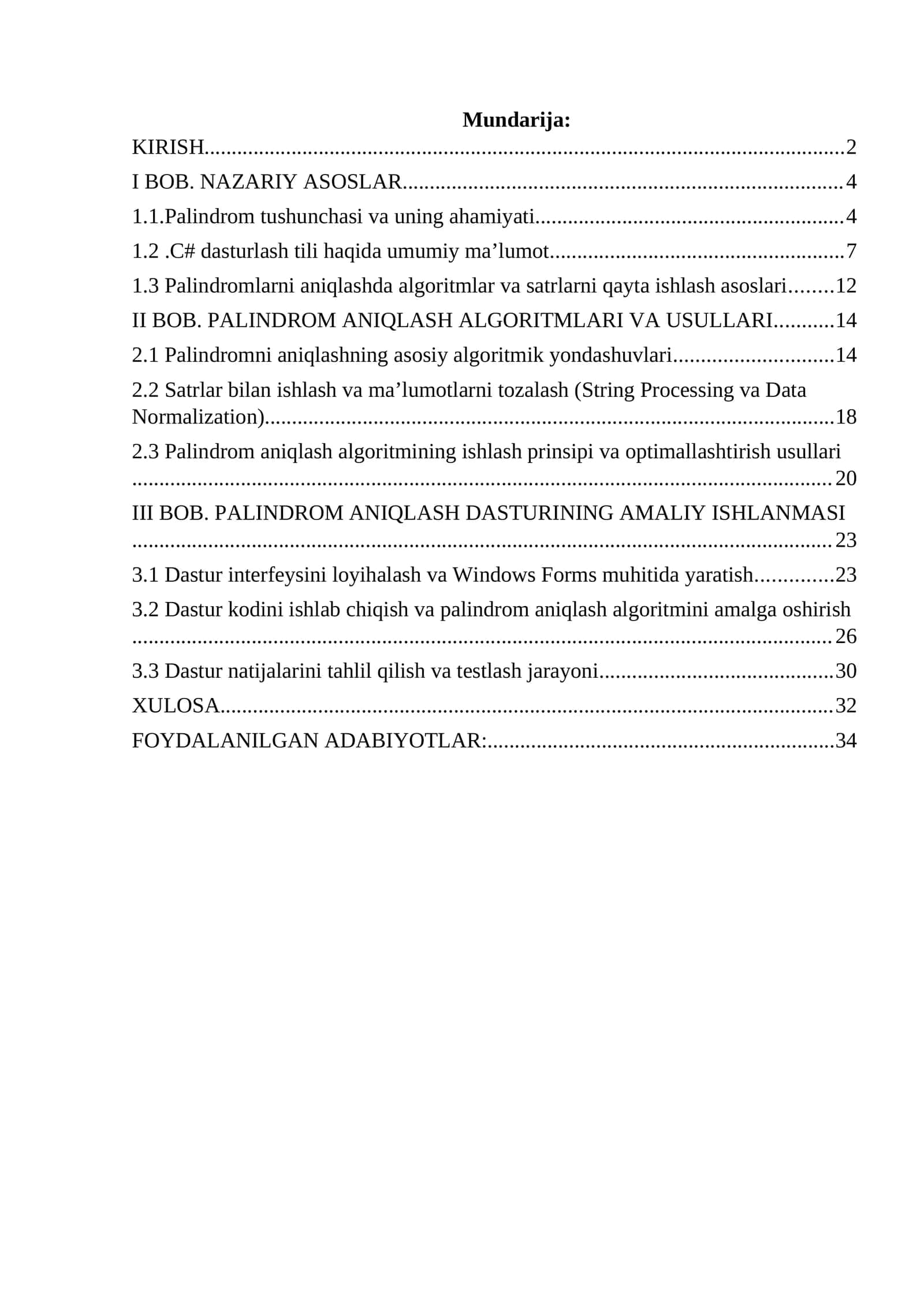 PALINDROM ANIQLASH DASTURINING AMALIY ISHLANMASI