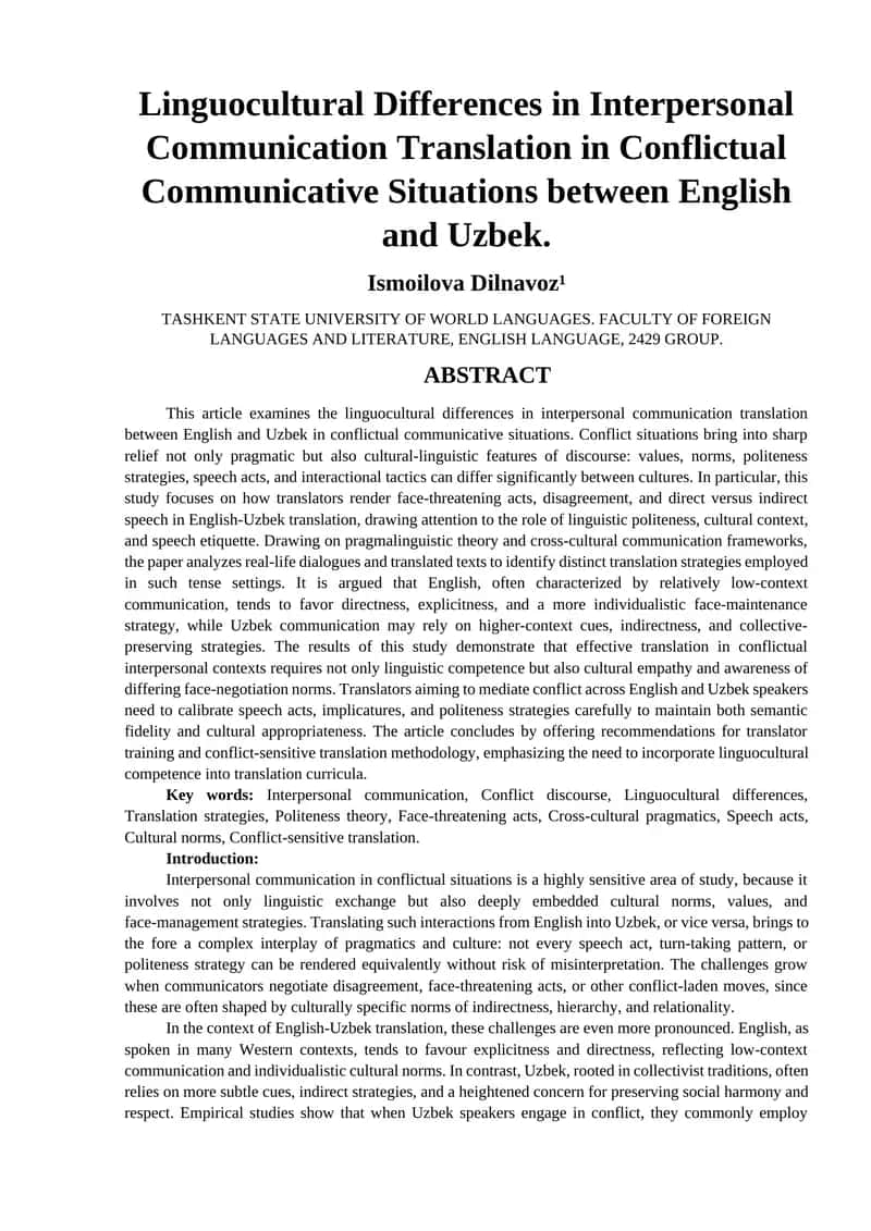 Linguocultural Differences in Interpersonal Communication Translation in Conflictual Communicative Situations between English and Uzbek