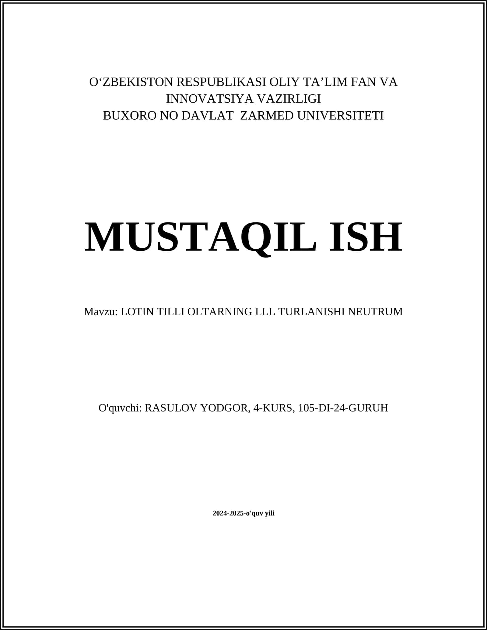 LOTIN TILLI OLTARNING LLL TURLANISHI NEUTRUM