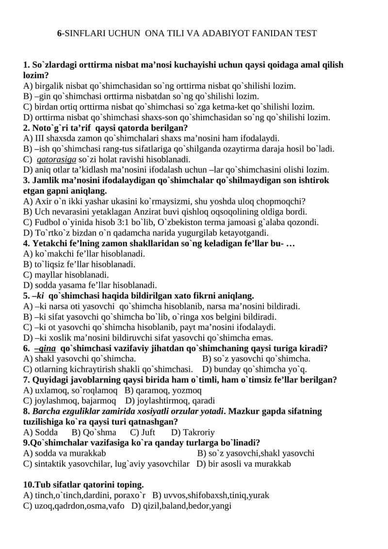 6-SINFLARI UCHUN ONA TILI VA ADABIYOT FANIDAN TEST