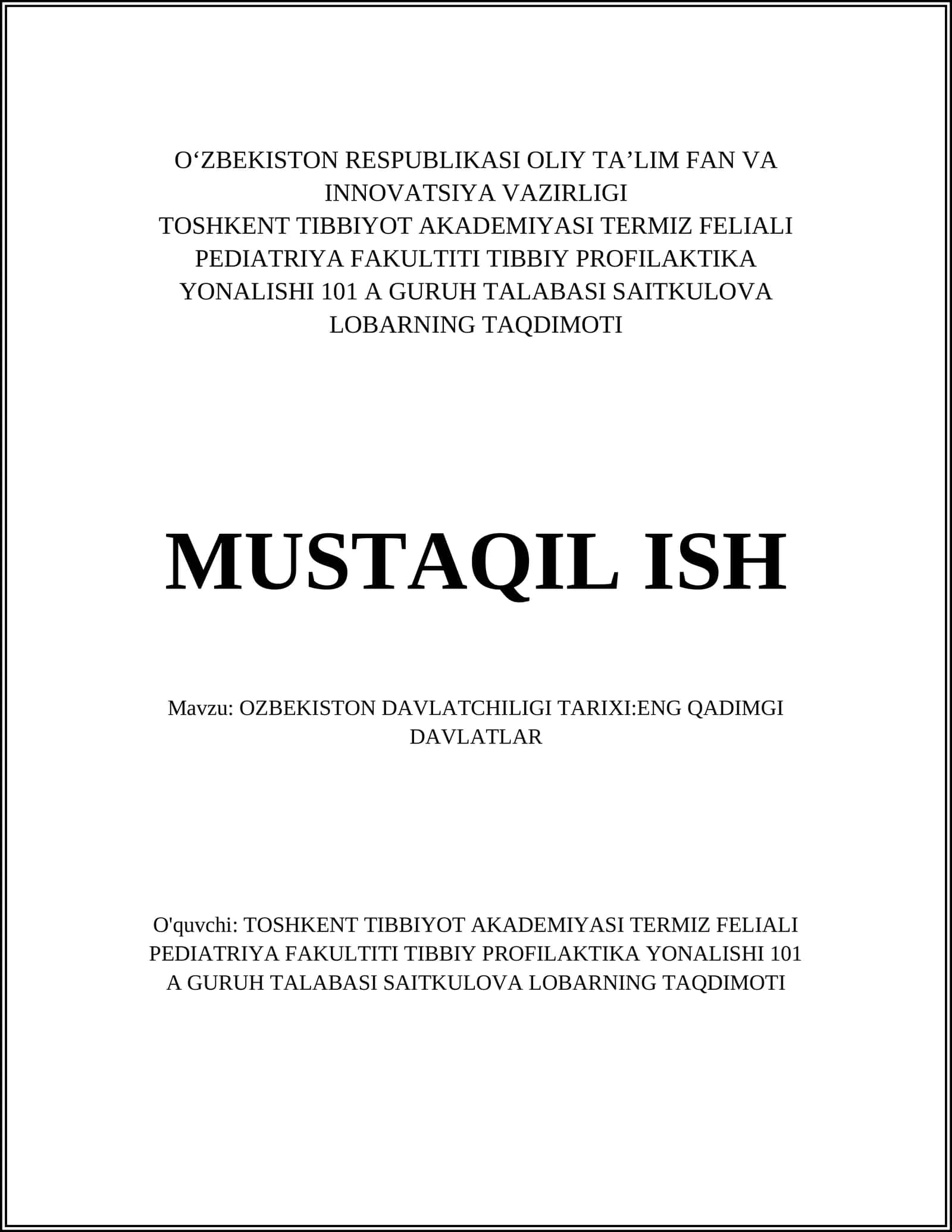 OZBEKISTON DAVLATCHILIGI TARIXI:ENG QADIMGI DAVLATLAR