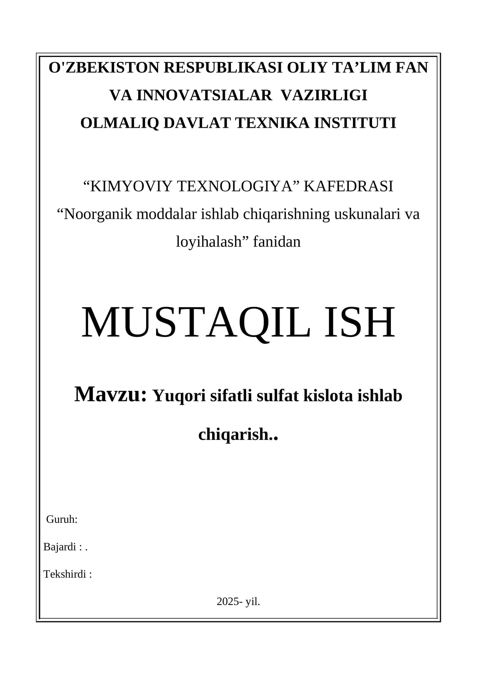 Yuqori sifatli sulfat kislota ishlab chiqarish