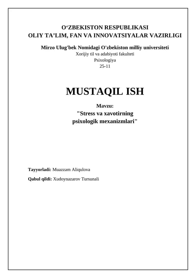 Stress va xavotirning psixologik mexanizmlari