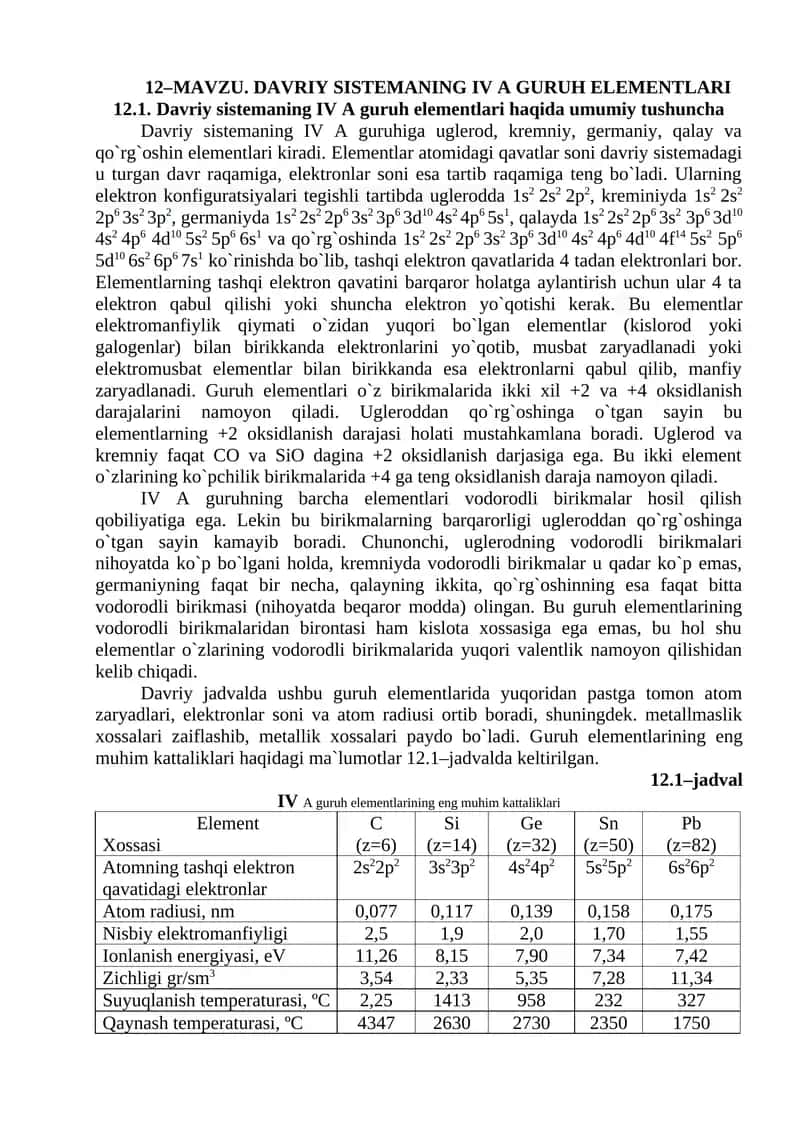 Davriy sistеmaning IV A guruh elеmеntlari