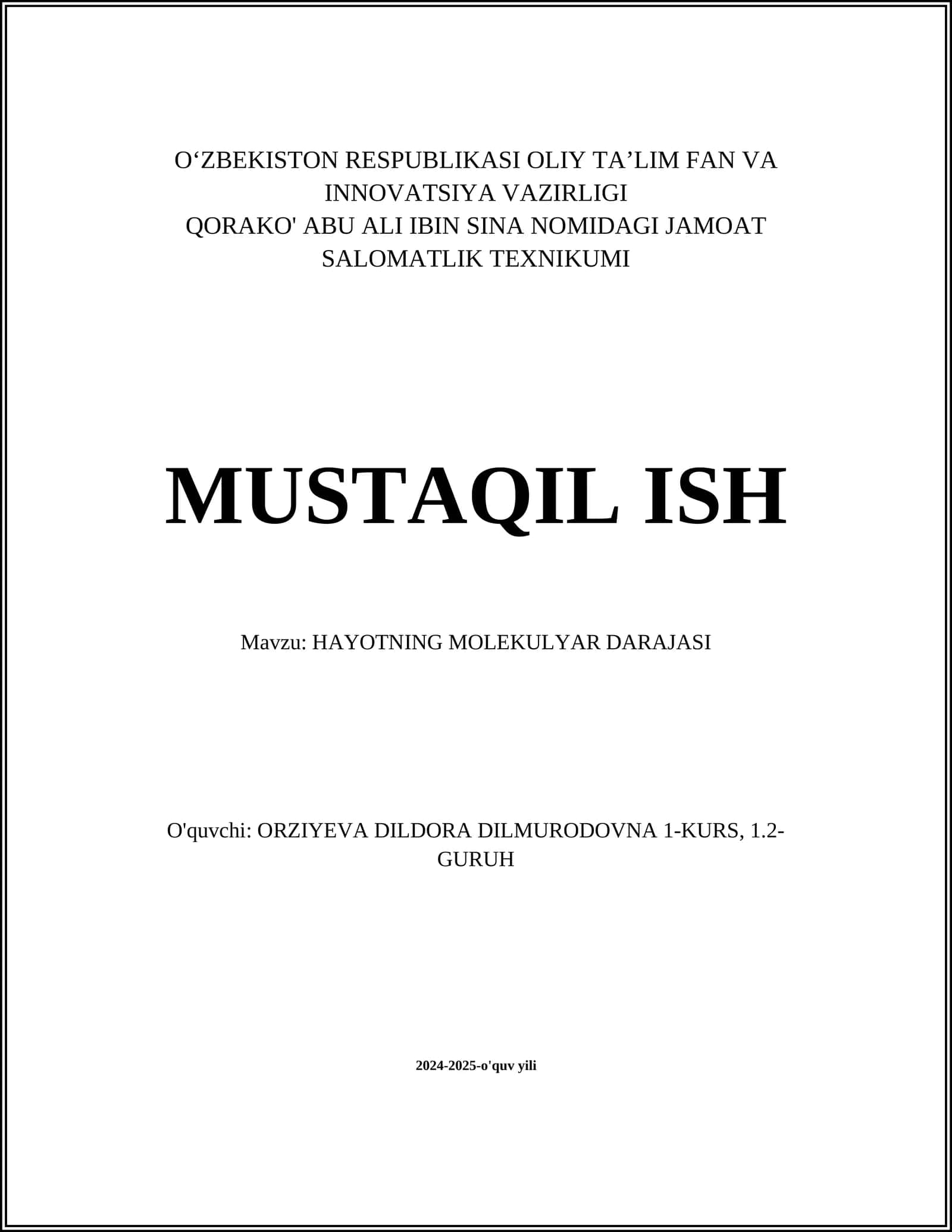 HAYOTNING MOLEKULYAR DARAJASI
