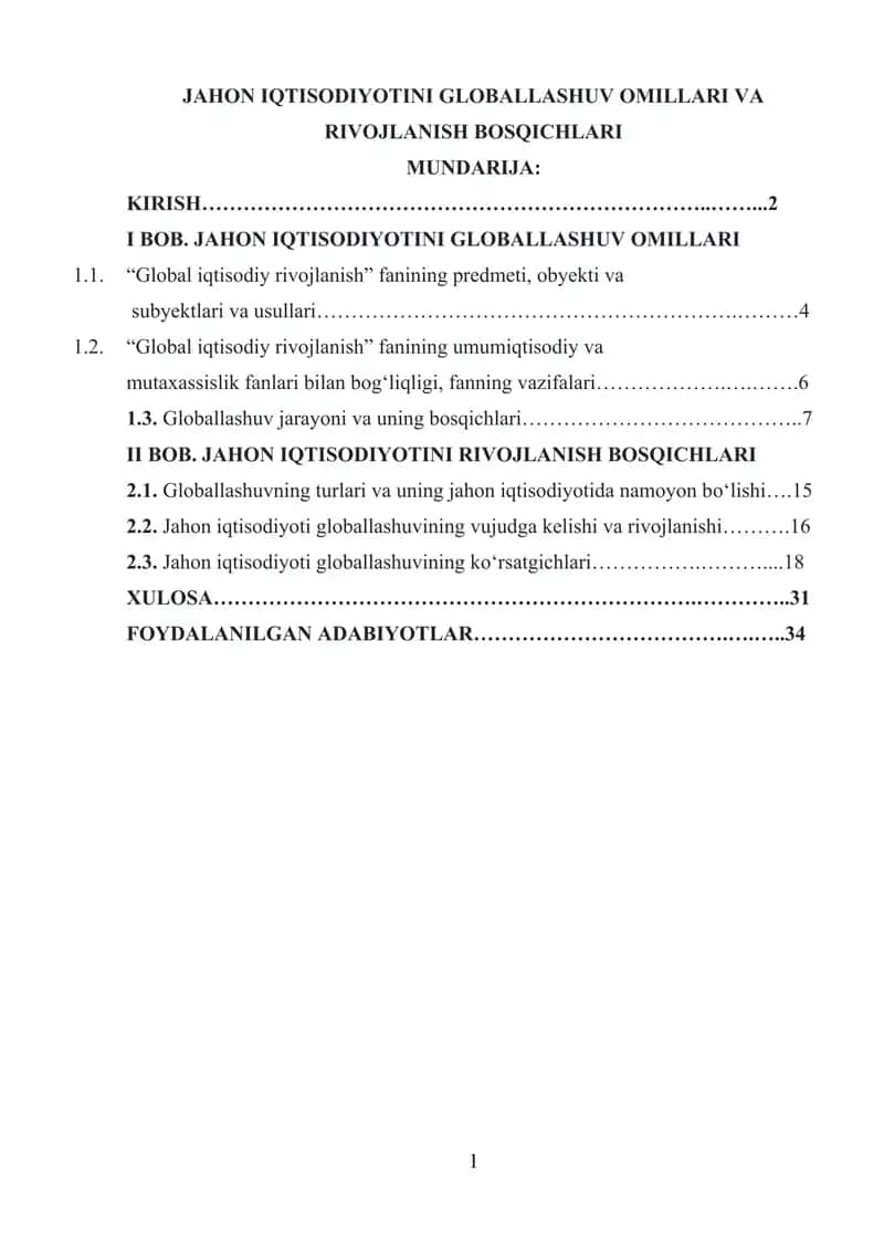 JAHON IQTISODIYOTINI GLOBALLASHUV OMILLARI VA RIVOJLANISH BOSQICHLARI