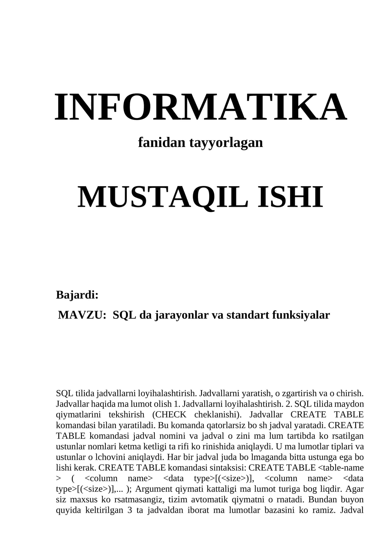 SQL da jarayonlar va standart funksiyalar