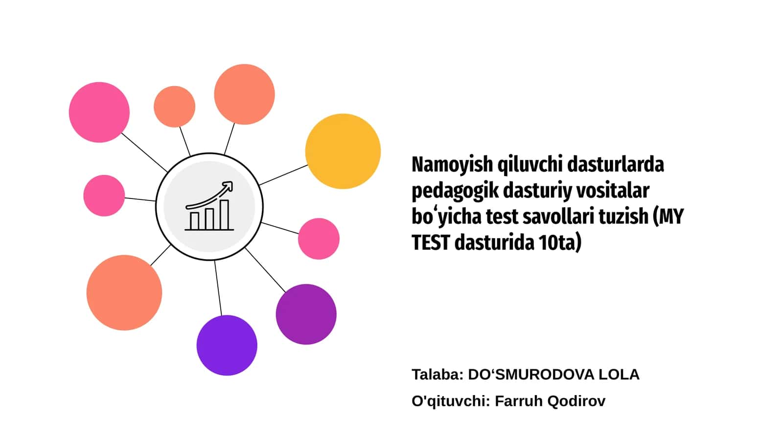 Namoyish qiluvchi dasturlarda pedagogik dasturiy vositalar boʻyicha test savollari tuzish (MY TEST dasturida 10ta)