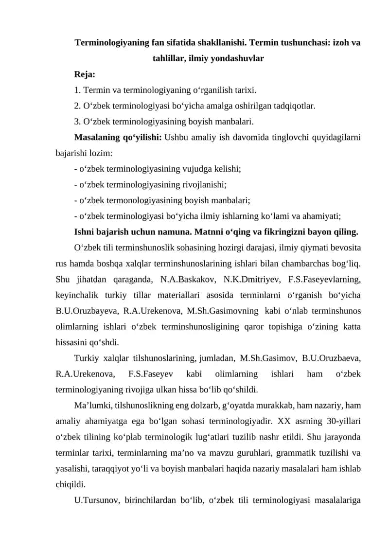 Terminologiyaning fan sifatida shakllanishi. Termin tushunchasi: izoh va tahlillar, ilmiy yondashuvlar
