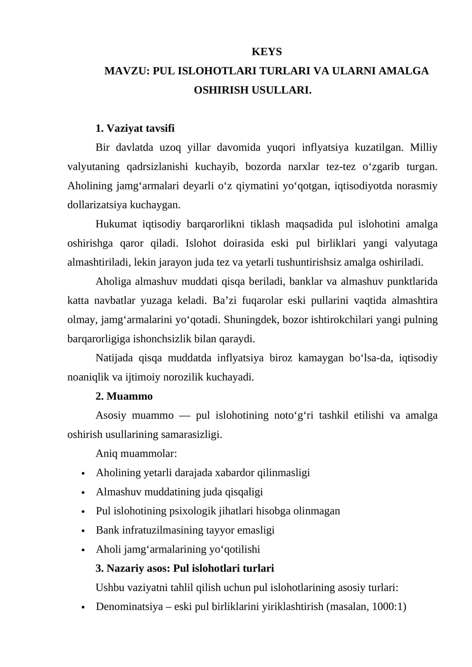 PUL ISLOHOTLARI TURLARI VA ULARNI AMALGA OSHIRISH USULLARI. keys