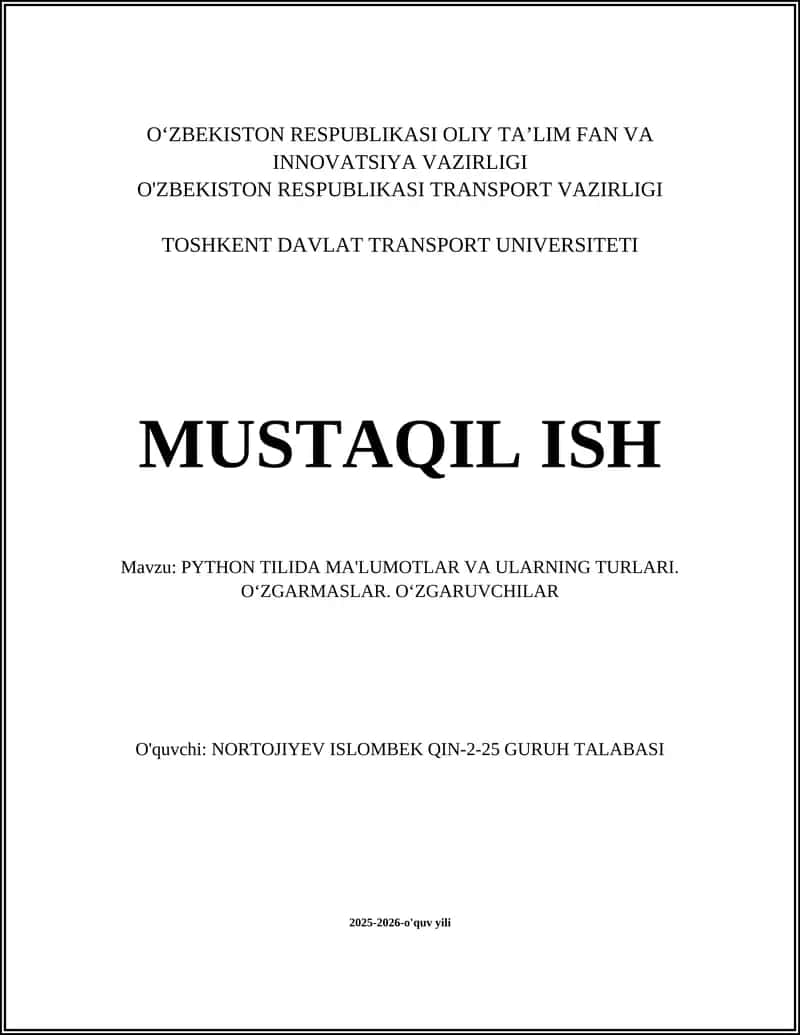 PYTHON TILIDA MA'LUMOTLAR VA ULARNING TURLARI