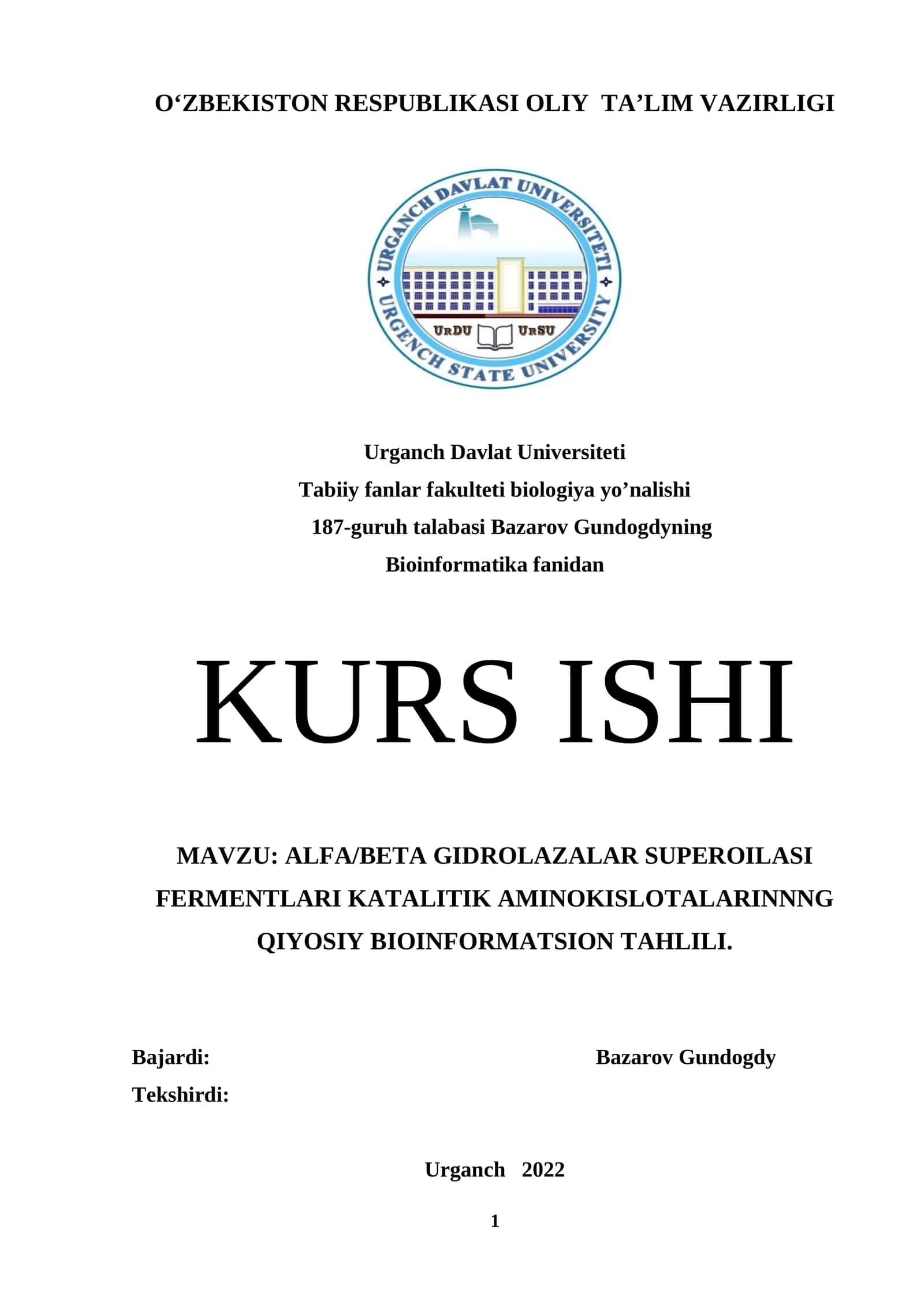 ALFA/BETA GIDROLAZALAR SUPEROILASI FERMENTLARI KATALITIK AMINOKISLOTALARINNNG QIYOSIY BIOINFORMATSION TAHLILI