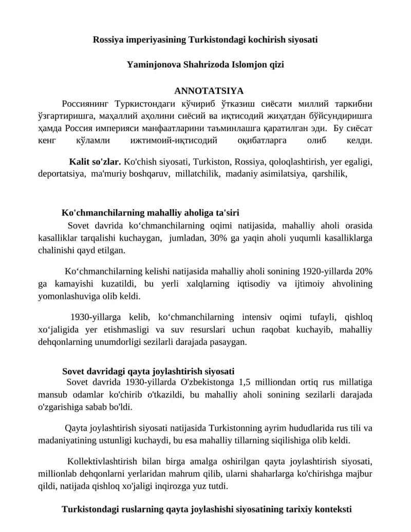 Rossiya imperiyasining Turkistondagi kochirish siyosati